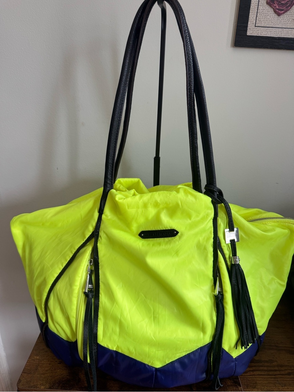 Amiee Kestenberg Neon Yellow and Navy Large Tote Bag with Black Handle